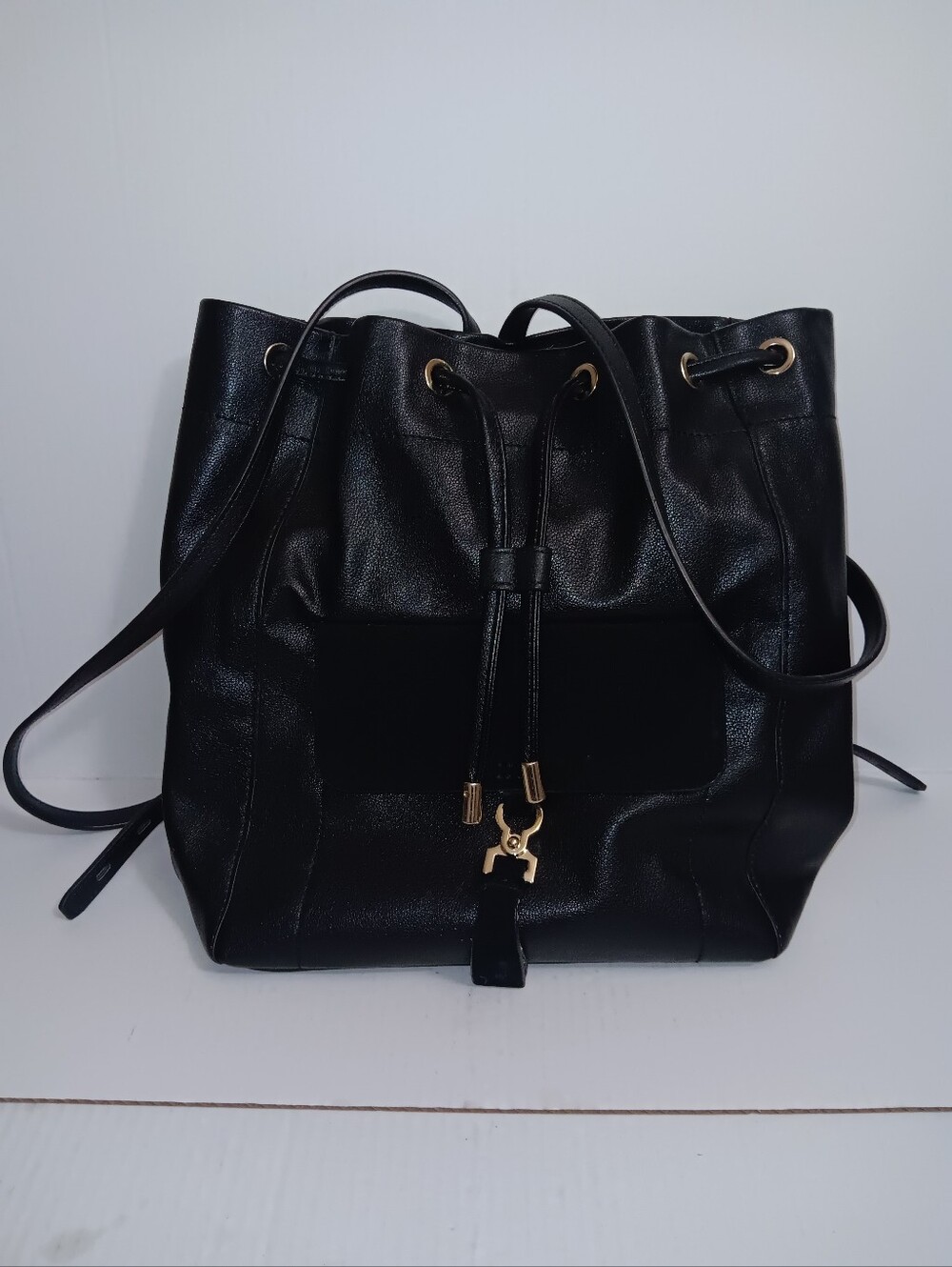 ZARA COW LEATHER DETAIL BUCKET BACKPACK BAG WITH GOLD TONE HARDWARE